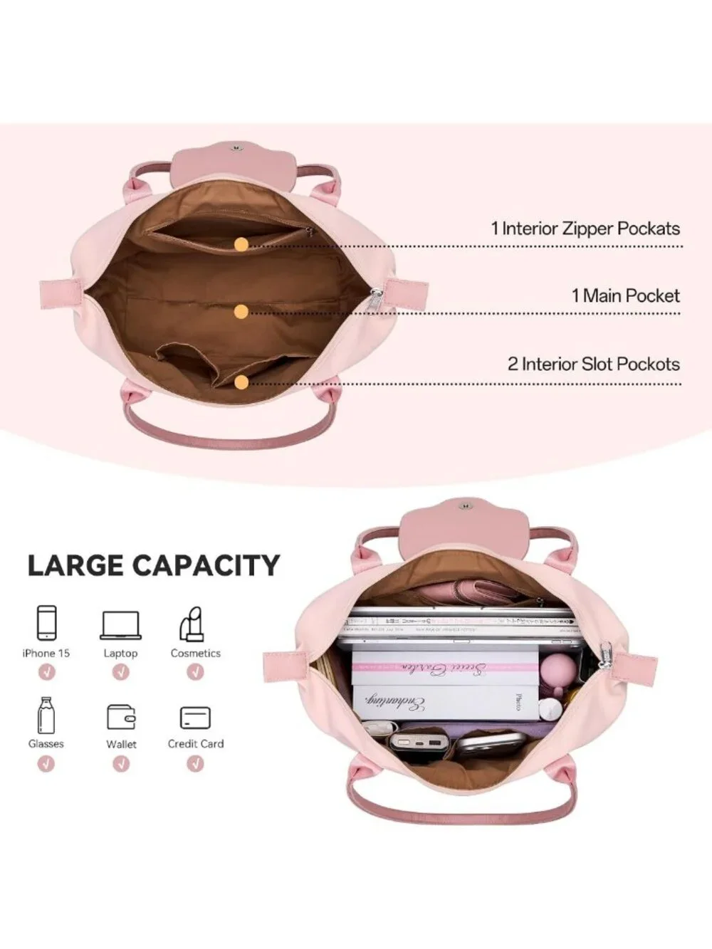 Spacious Nylon Tote Bag for Women, Large Capacity Foldable Hobo Purse, Pink
